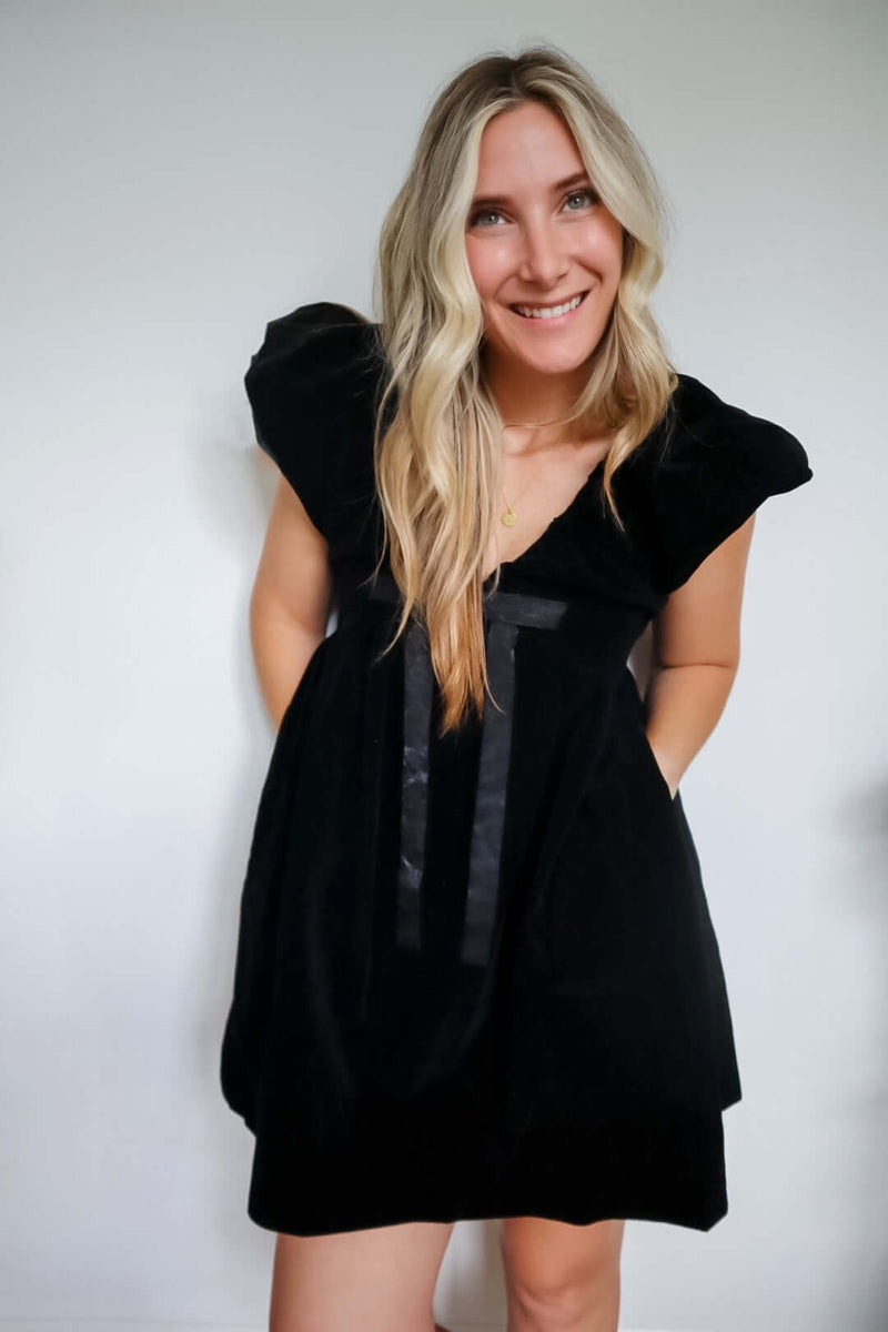 Endless Rose Velvet Satin Bow Black Mini Dress