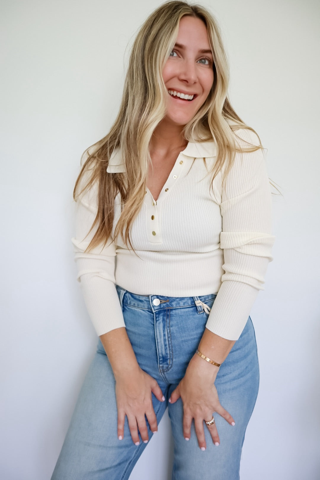 Tamara Collared Gold Snap Button Cream Long Sleeve Knit Top