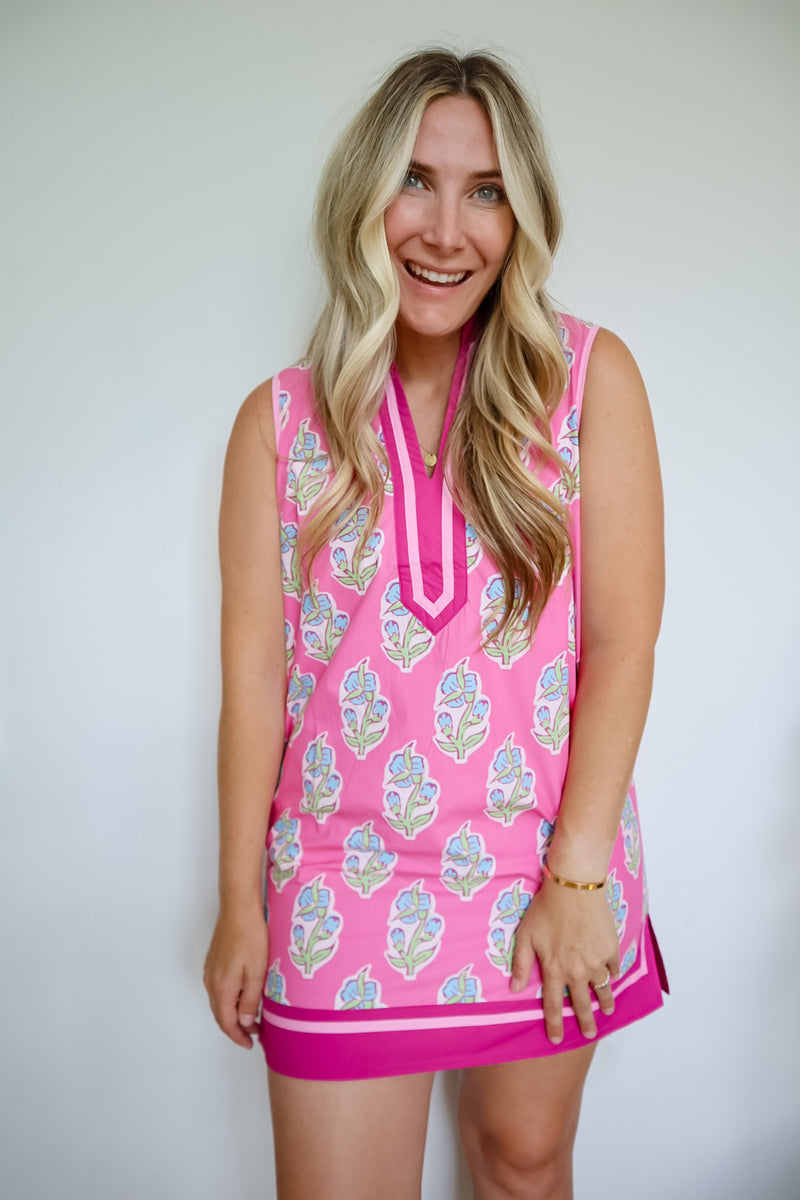 Shannon Preppy Floral Split Neck Mini Dress with Pockets Pink / Small