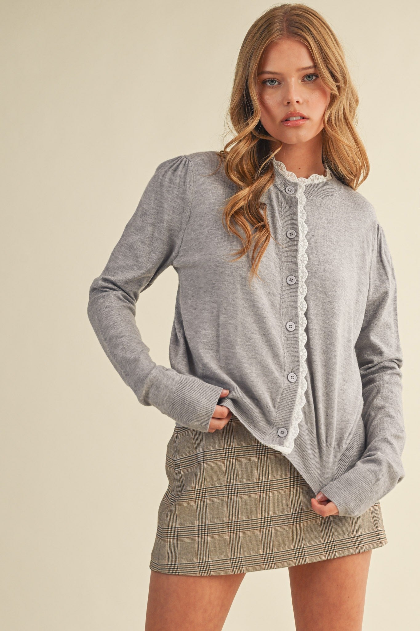 Janet Lace Trim Lightweight Sweater Cardigan, Heather Grey