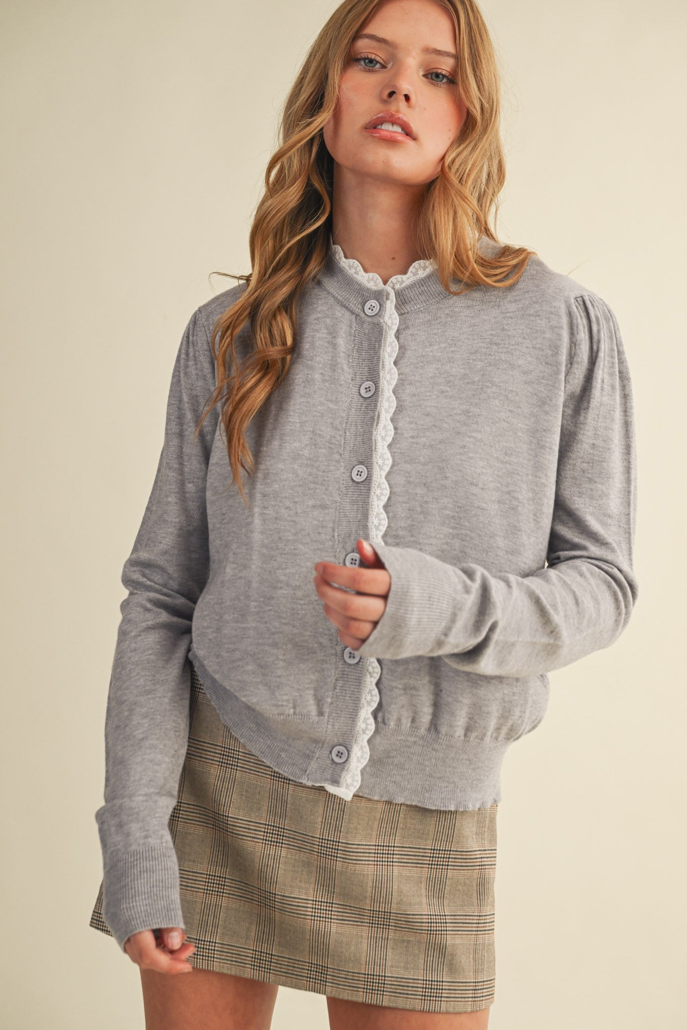 Janet Lace Trim Lightweight Sweater Cardigan, Heather Grey