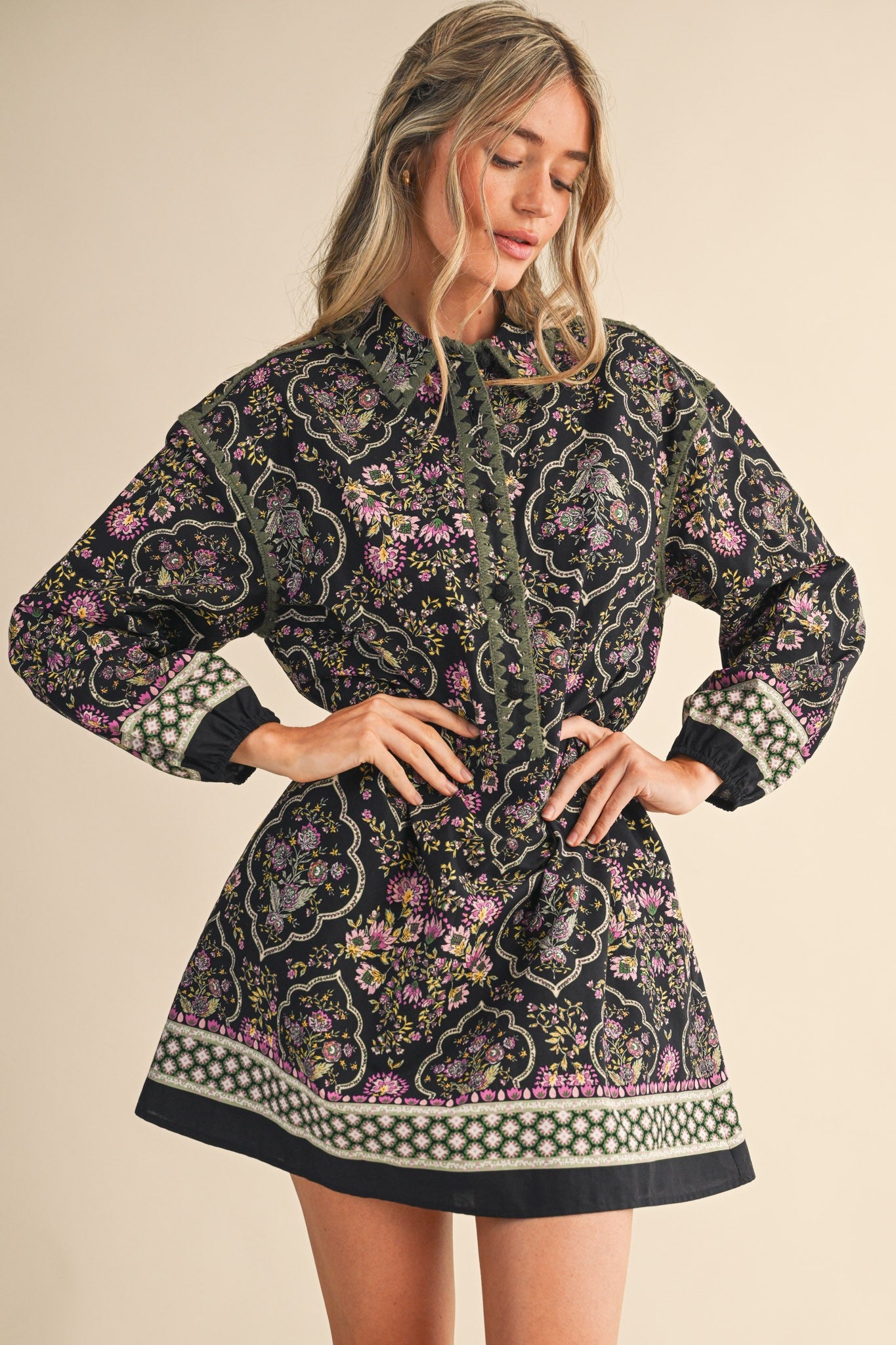 Exclusive Triangle Stitch Button Down Mini Dress
