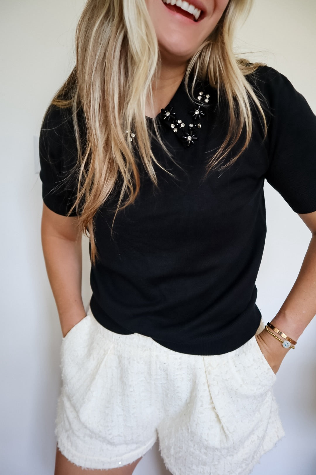 Camille Black Embellished Collar Knit Short Sleeve Sweater