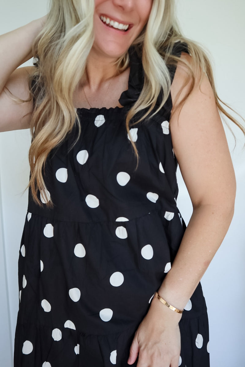 Amy Ruffle Sleeve Black Polka Dot Tiered Midi Dress – Phoenix Shop