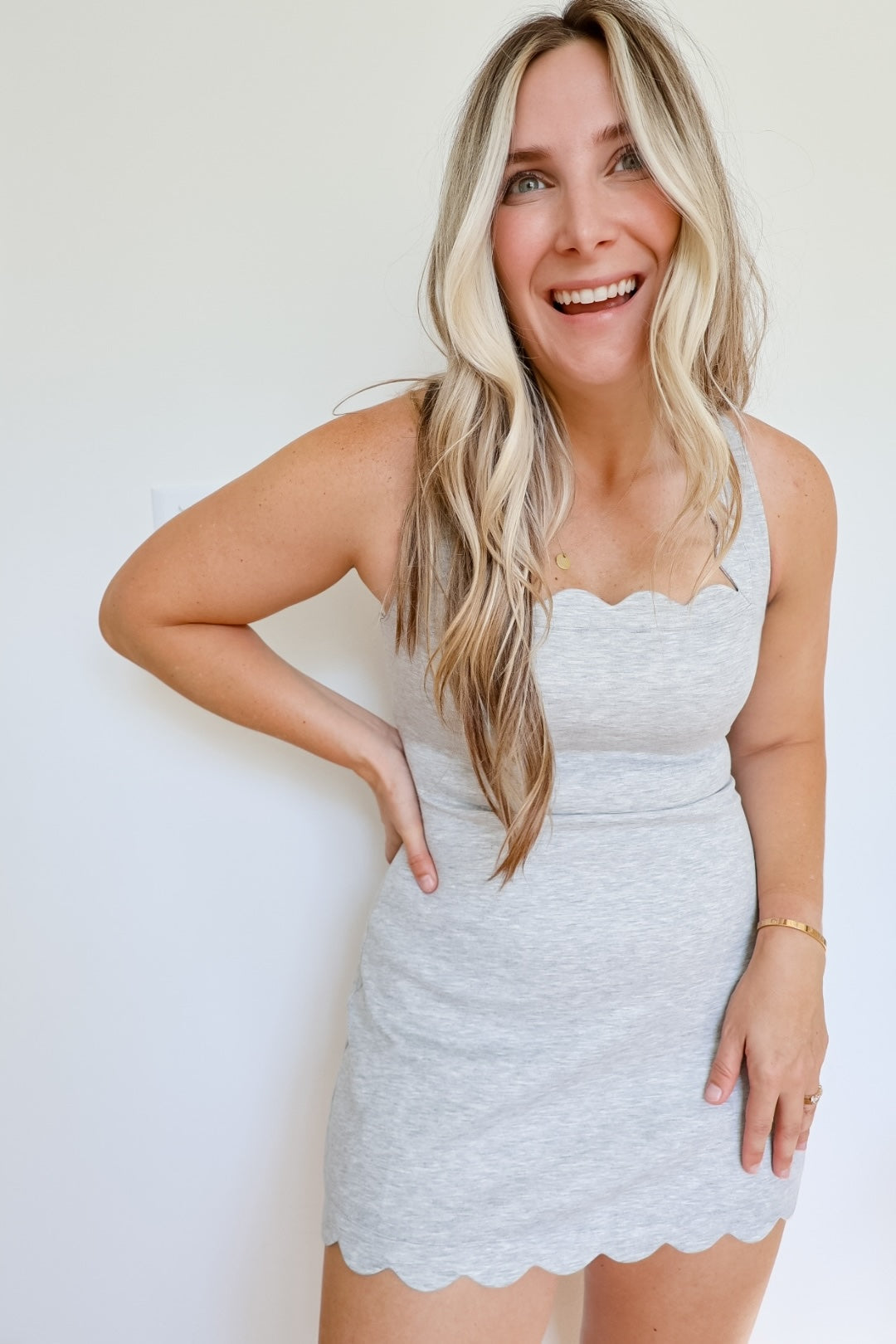 Scuba Scallop Square Neck Sleeveless Mini Dress, Heather Grey