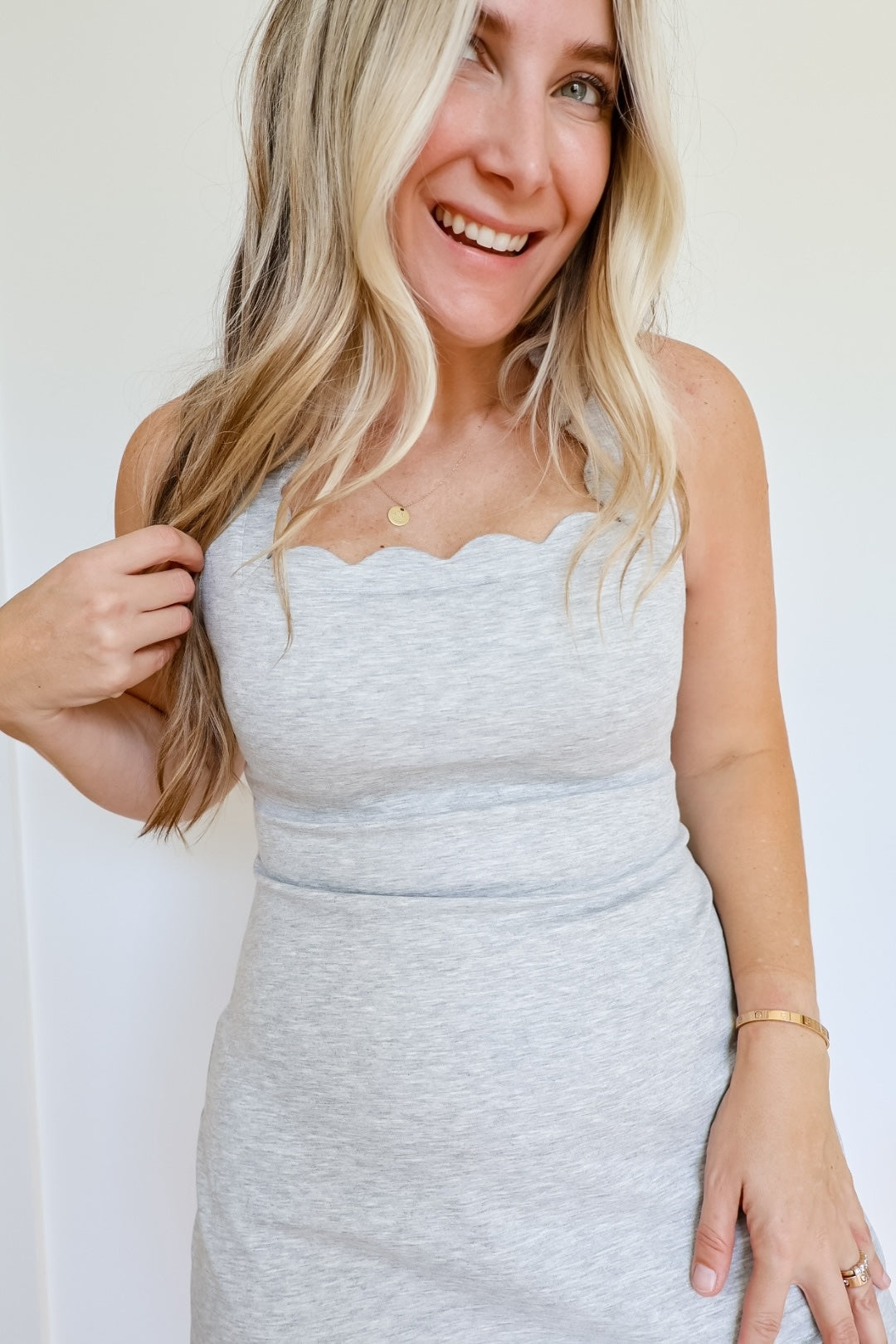 Scuba Scallop Square Neck Sleeveless Mini Dress, Heather Grey