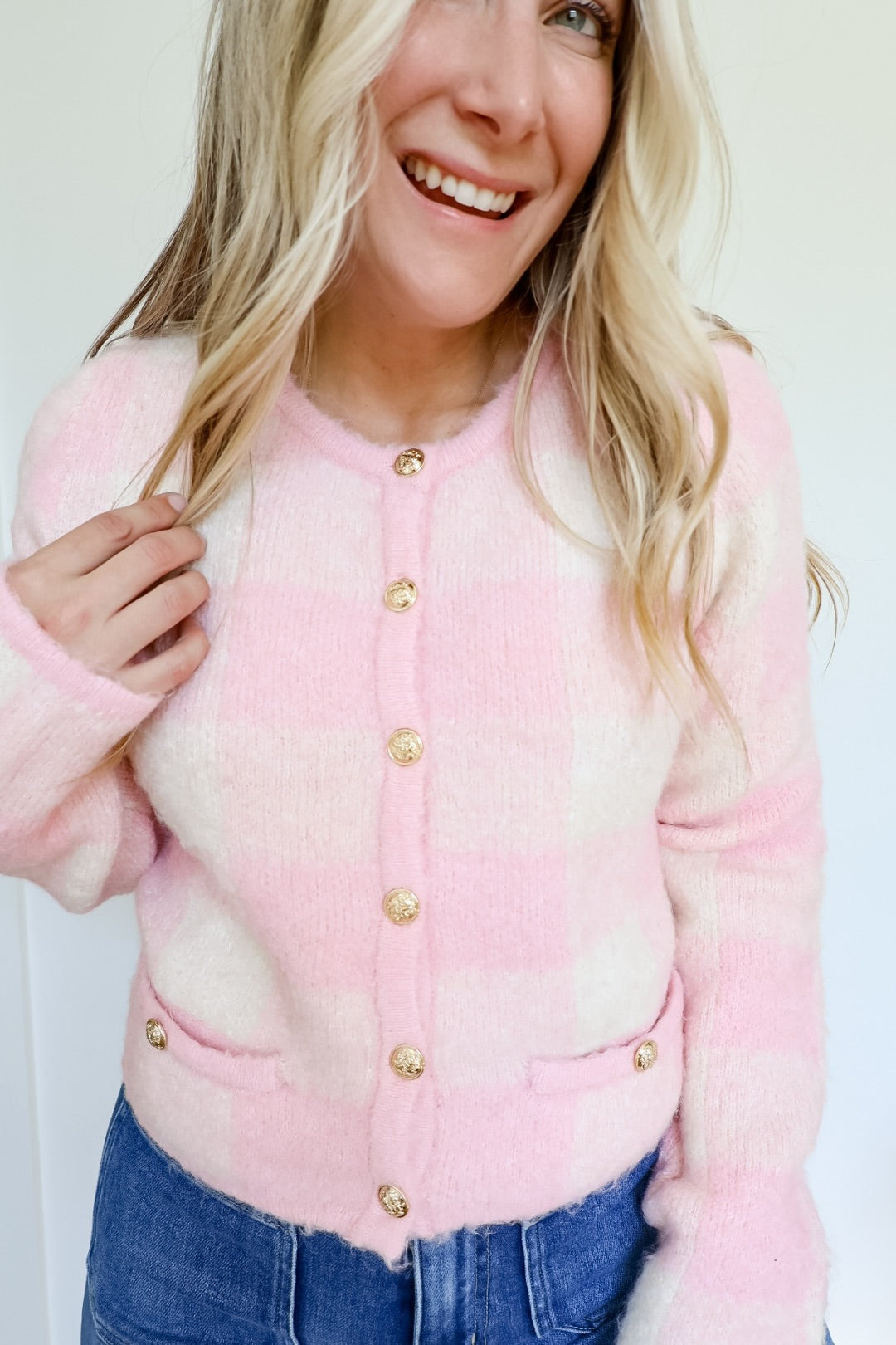 Karlie Pink Plaid Cardigan, Pink